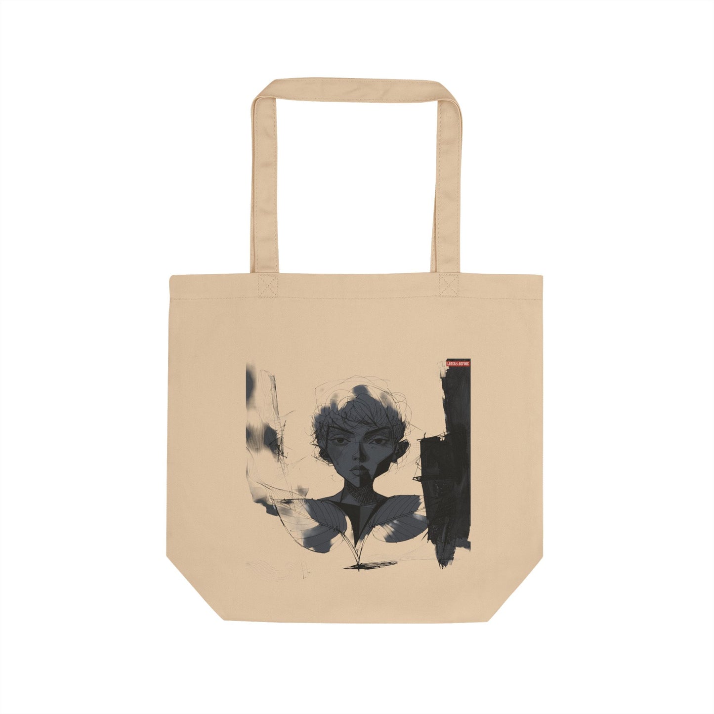 Happy Monochrome Canvas Eco Tote Bag in eco-friendly cotton canvas with comfortable shoulder straps and spacious design for everyday use.
Back view. Cream shopping bag with artistic abstract design and small Later&Before logo. 100% organic cotton and vegan approved.