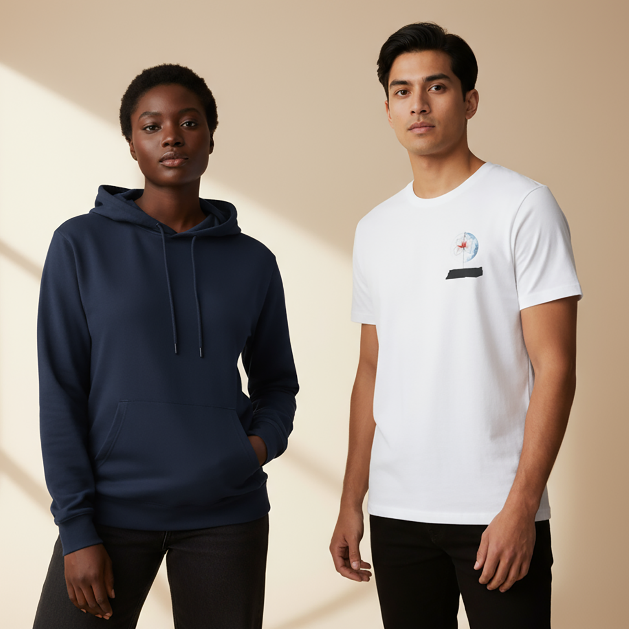 Later&Before, The UK Essentials: Organic Cotton Hoodie & T-Shirt. wears a comfortable, plain navy blue organic cotton pullover hoodie. He wears the classic white organic cotton t-shirt, detailed with a small artistic graphic on the left chest.