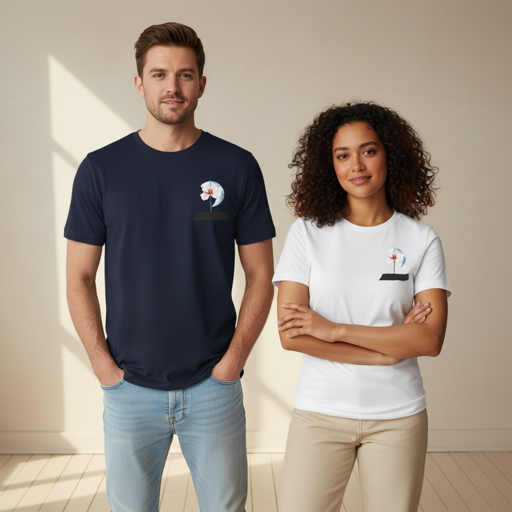 Later&Before. Your New Favourite: The Essential Organic Cotton Tee. A man wearing a navy blue organic cotton t-shirt and a woman wearing a white version. Both t-shirts feature a graphic print on a black chest pocket patch.
