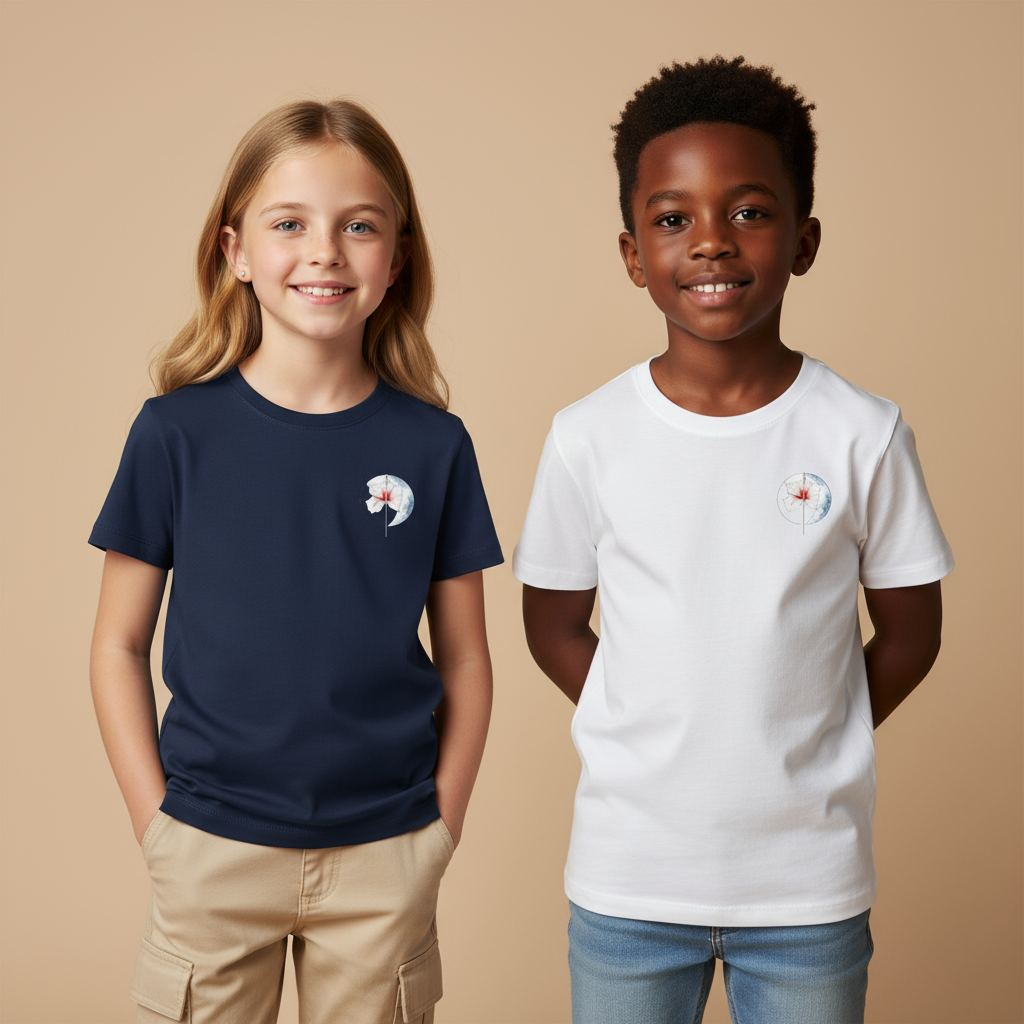 Later&Before Everyday Essentials: Organic Cotton T-Shirts for Kids. A girl wearing a navy blue organic cotton t-shirt and a boy wearing a white organic cotton t-shirt, both featuring a small graphic on the chest.