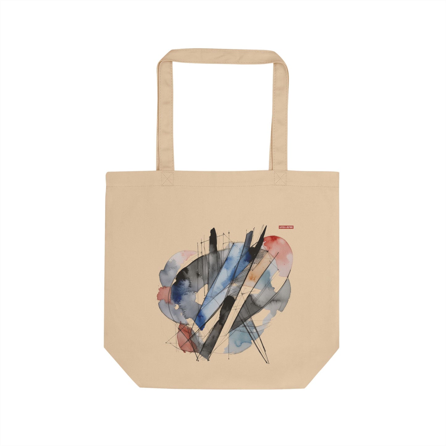 Butterflies Canvas Eco Tote Bag in eco-friendly cotton canvas with comfortable shoulder straps and spacious design for everyday use.

Back view. Cream shopping bag with artistic butterfly design and small Later&Before logo. 100% organic cotton and vegan approved.