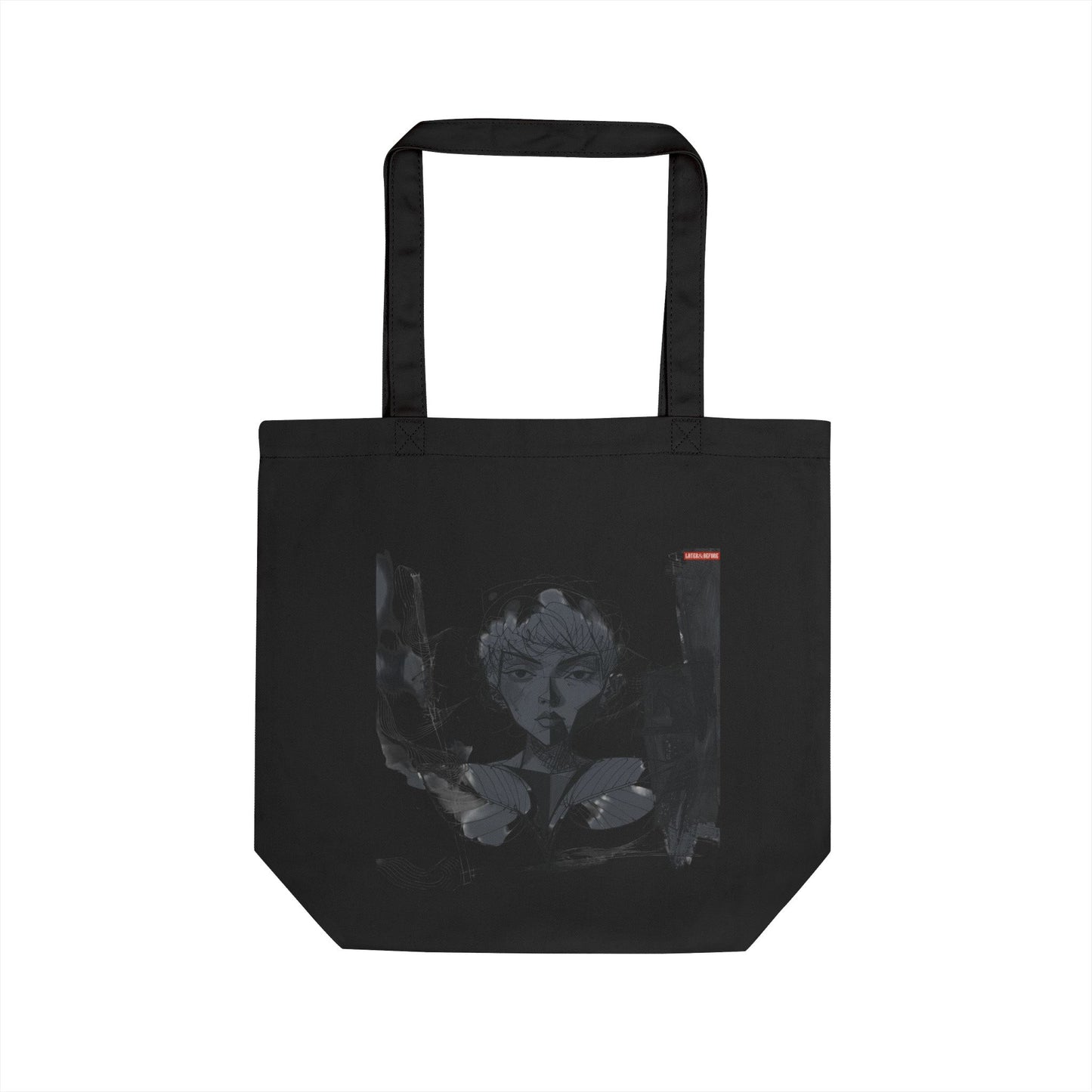 Happy Monochrome Canvas Tote Bag in eco-friendly cotton canvas with comfortable shoulder straps and spacious design for everyday use.

Back view. Black shopping bag with artistic abstract design and small Later&Before logo. 100% organic cotton and vegan approved.