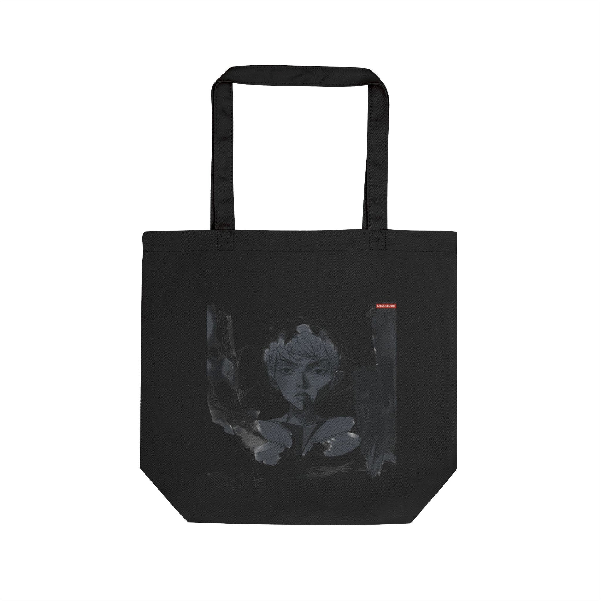 Happy Monochrome Canvas Tote Bag in eco-friendly cotton canvas with comfortable shoulder straps and spacious design for everyday use.

Back view. Black shopping bag with artistic abstract design and small Later&Before logo. 100% organic cotton and vegan approved.