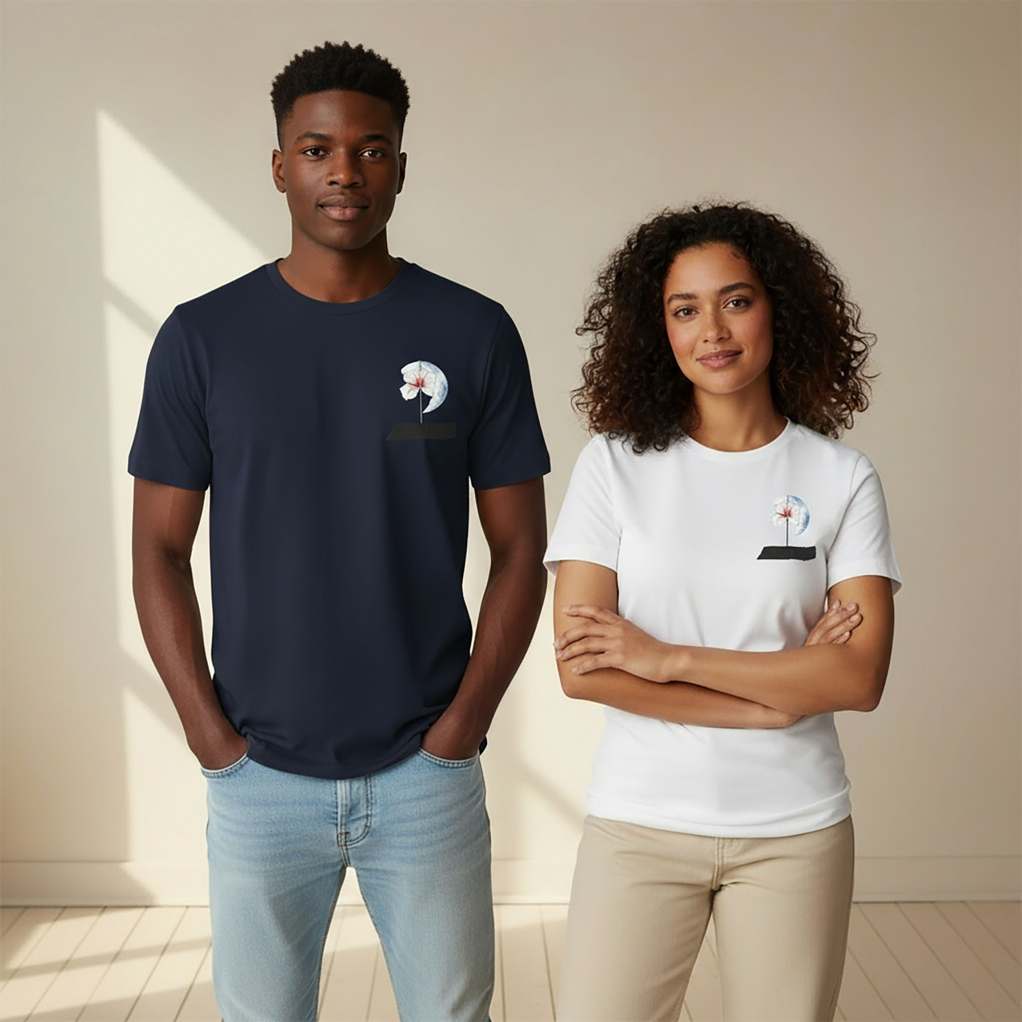 Two models showcase the perfect everyday tee. The man wears the navy blue organic cotton t-shirt, and the woman wears the white version. Both shirts are styled with a contemporary graphic print on a black chest patch.