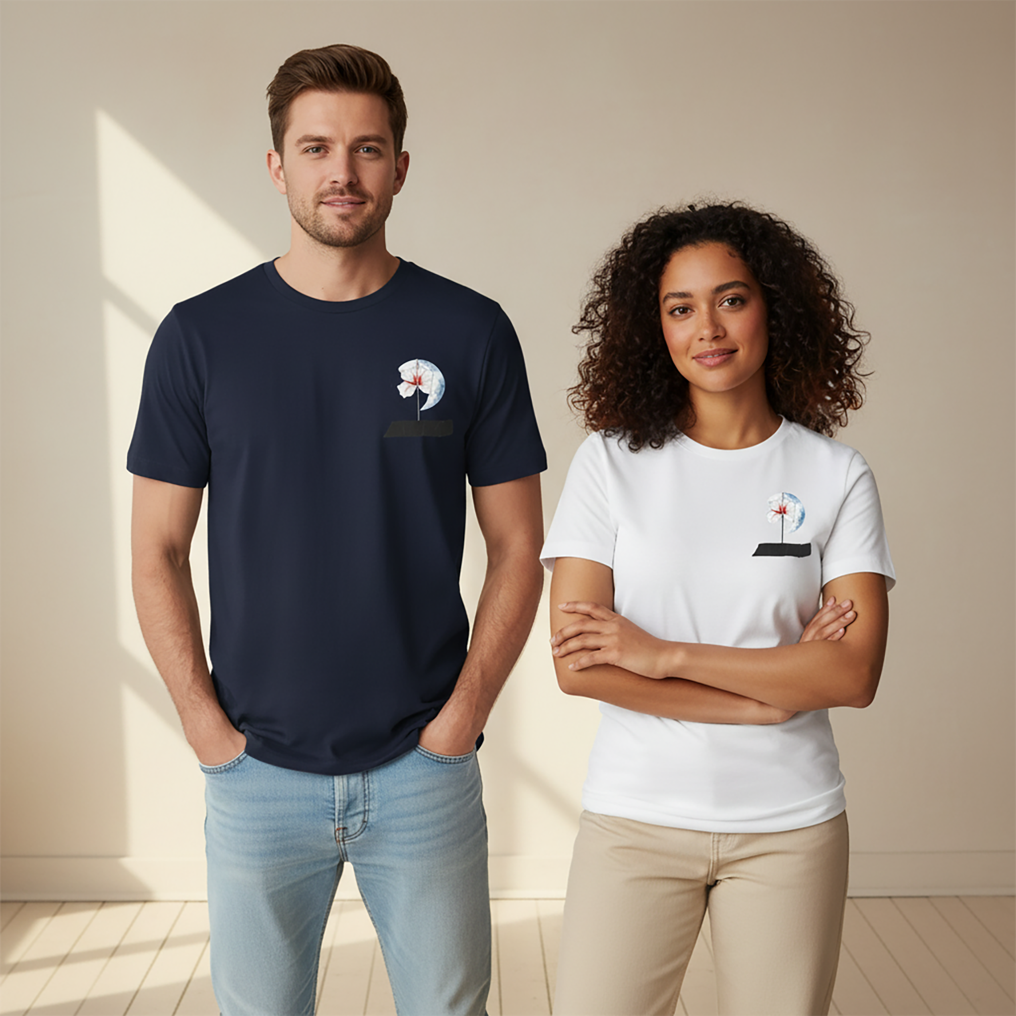 A man and woman model the signature Later&Before organic cotton t-shirt. He wears the navy blue, and she wears the white. This style features a unique artistic graphic printed on a black patch on the left chest, adding a modern touch to an everyday essential.