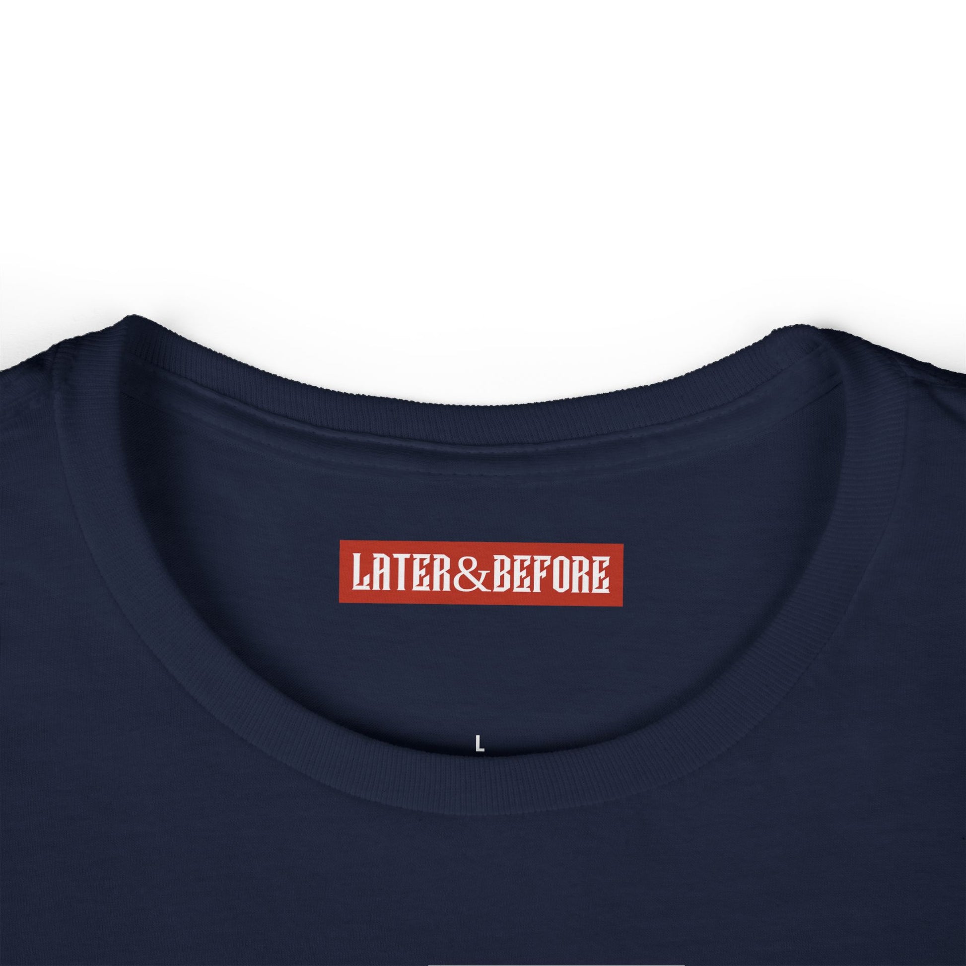 Soft, lightweight 100% cotton navy blue t-shirt. Durable, comfortable, and ethically sourced. A timeless everyday essential for your wardrobe. Later&Before logo on inner neck.