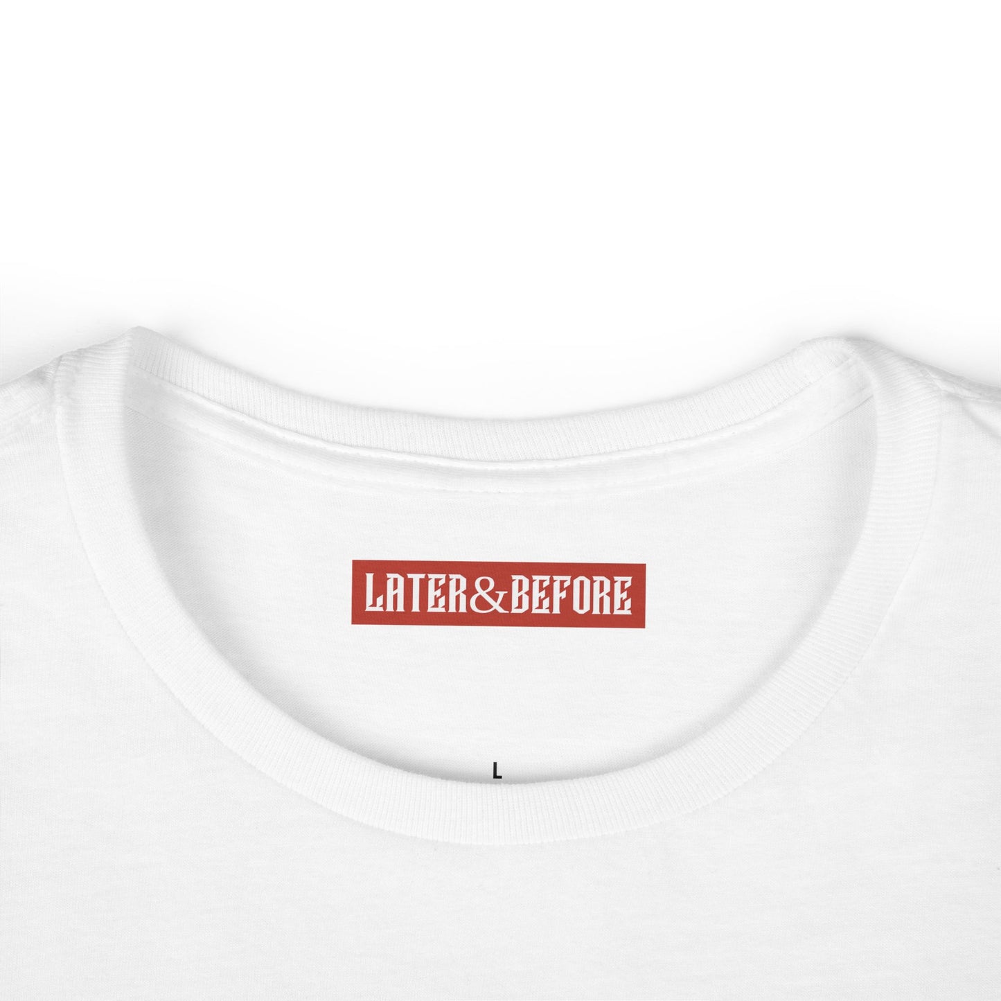 Soft, lightweight 100% cotton white t-shirt. Durable, comfortable, and ethically sourced. A timeless everyday essential for your wardrobe. Later&Before logo on inner neck.