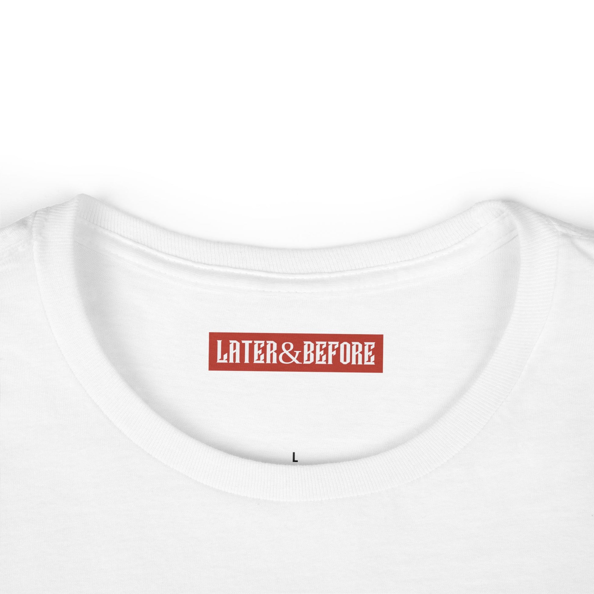 Soft, lightweight 100% cotton white t-shirt. Durable, comfortable, and ethically sourced. A timeless everyday essential for your wardrobe. Later&Before logo on inner neck.