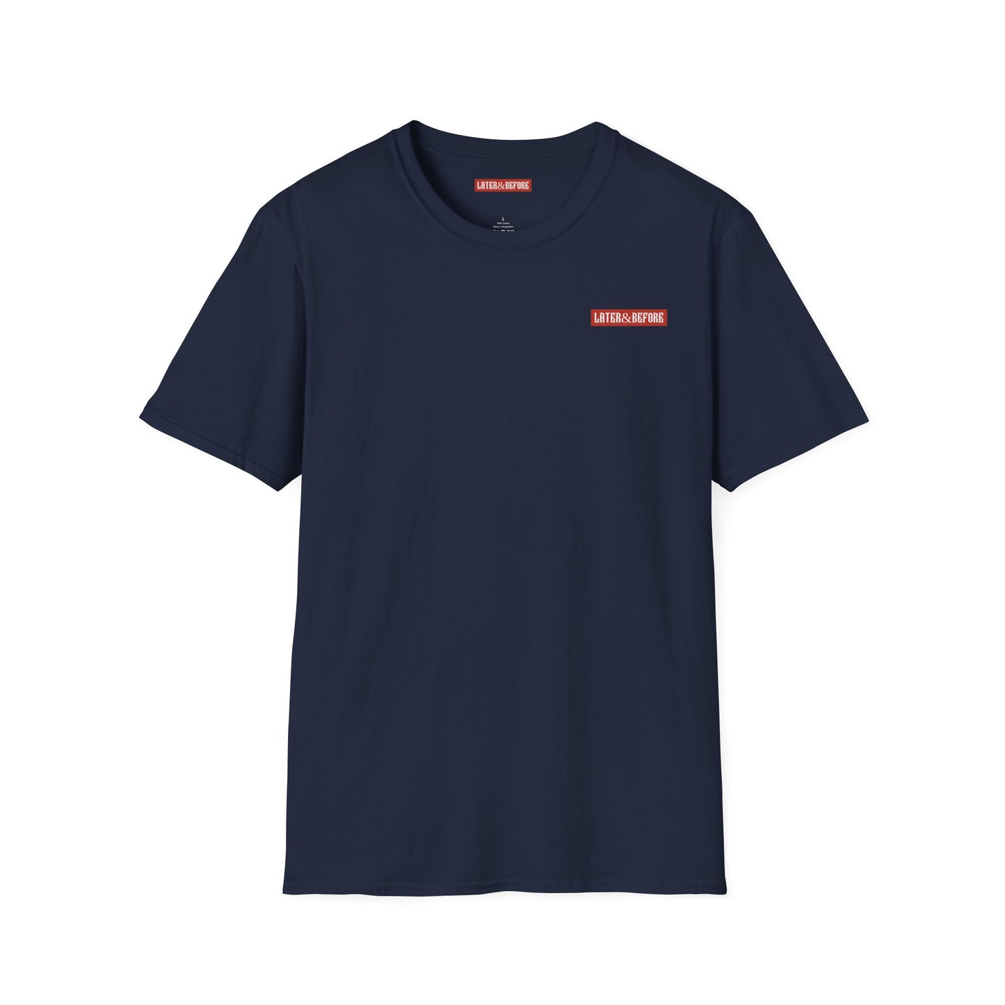 Minimalist navy blue cotton t-shirt in 100% ring-spun cotton. Soft, durable, and ethically sourced. Seamless construction for a versatile everyday essential. Later&Before logo on left chest.