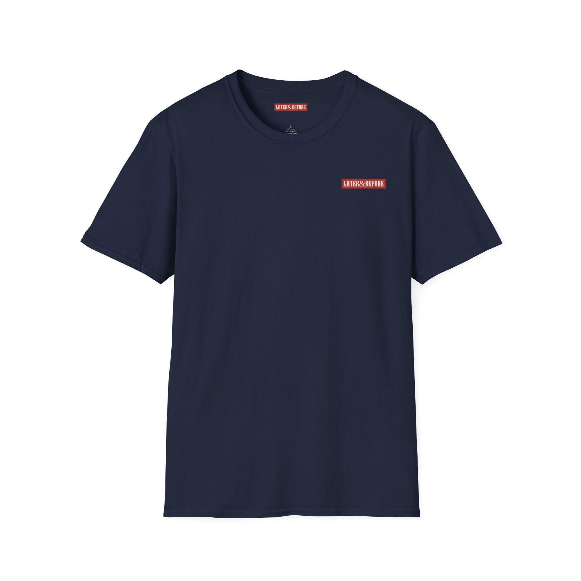Minimalist navy blue cotton t-shirt in 100% ring-spun cotton. Soft, durable, and ethically sourced. Seamless construction for a versatile everyday essential. Later&Before logo on left chest.