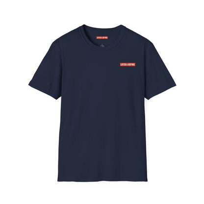 Minimalist navy blue cotton t-shirt in 100% ring-spun cotton. Soft, durable, and ethically sourced. Seamless construction for a versatile everyday essential. Later&Before logo on left chest.