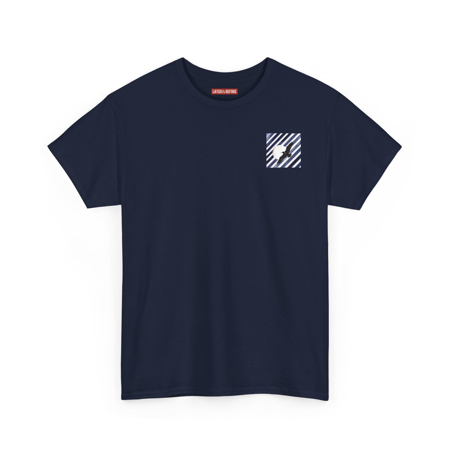 Navy blue t-shirt with a small white logo on the chest against a white background

Relaxed fit cotton t-shirt in 100% ring-spun cotton. Soft, heavyweight fabric with stripes and moon design on left chest. Ethically sourced everyday essential.