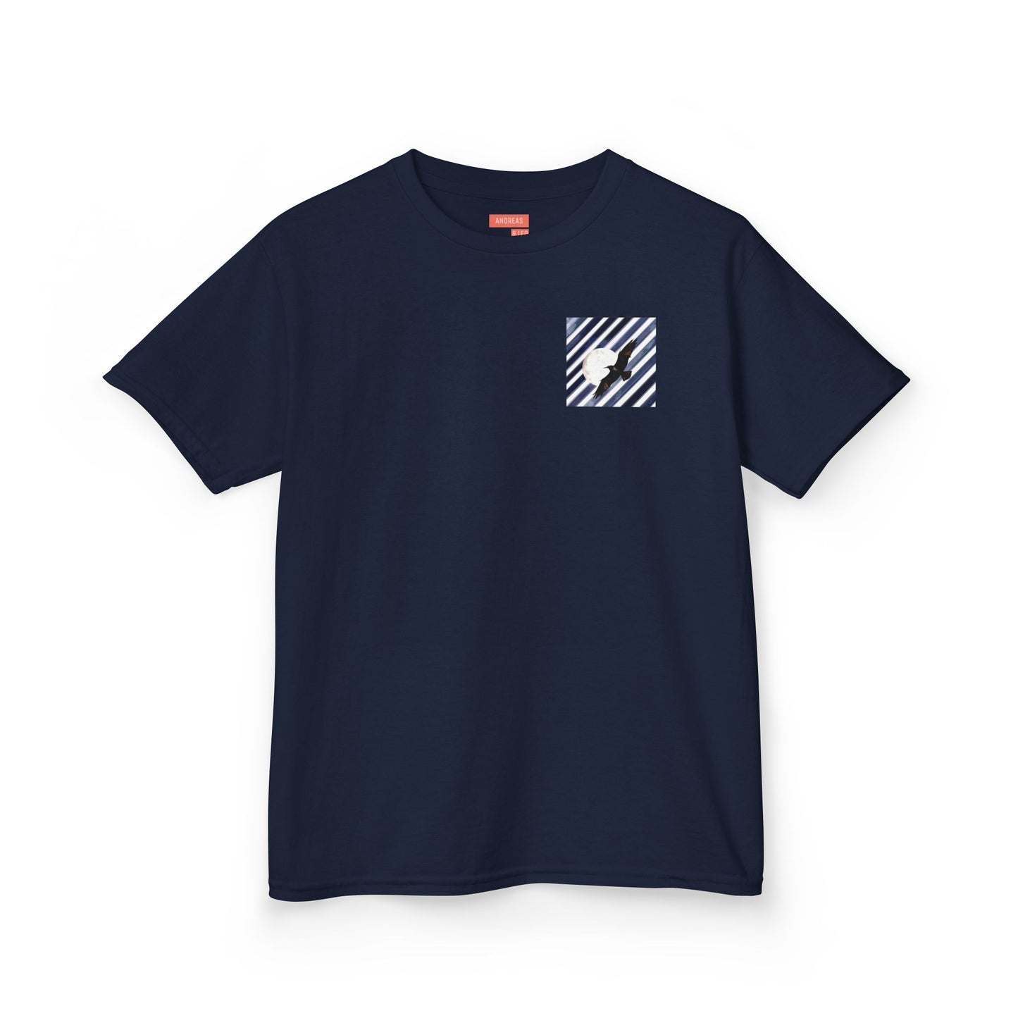 Navy blue t-shirt with a small white graphic on a white background.

Kids cotton t-shirt in 100% midweight cotton. Stripes and moon design on left chest. Soft, durable, and ethically sourced. Comfortable everyday essential for children.