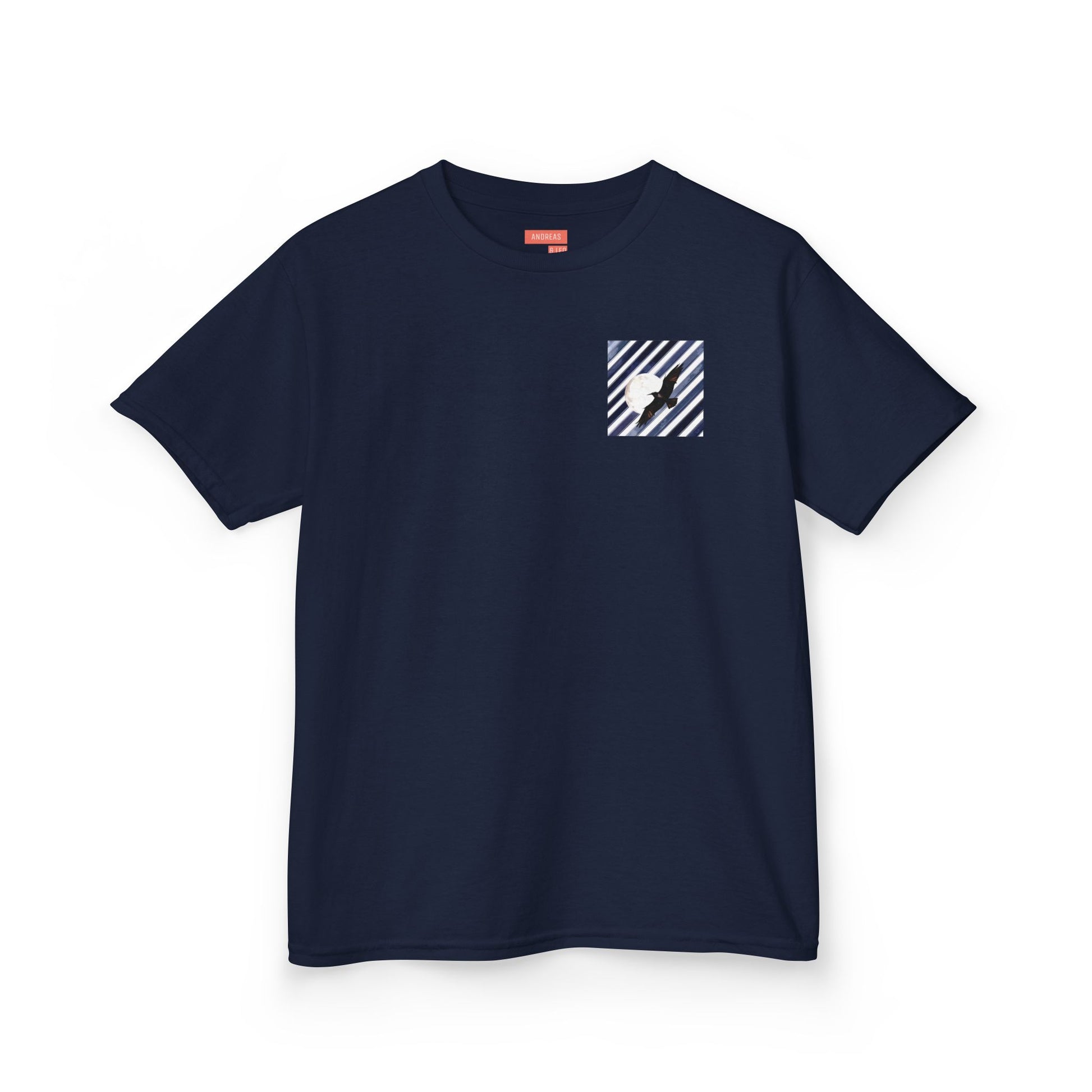 Navy blue t-shirt with a small white graphic on a white background.

Kids cotton t-shirt in 100% midweight cotton. Stripes and moon design on left chest. Soft, durable, and ethically sourced. Comfortable everyday essential for children.