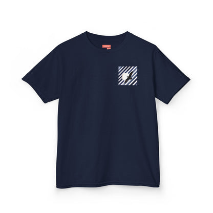 Navy blue t-shirt with a small white graphic on a white background.

Kids cotton t-shirt in 100% midweight cotton. Stripes and moon design on left chest. Soft, durable, and ethically sourced. Comfortable everyday essential for children.