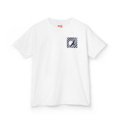 Kids cotton t-shirt in 100% midweight cotton. Stripes and moon design on left chest. Soft, durable, and ethically sourced. Comfortable everyday essential for children.