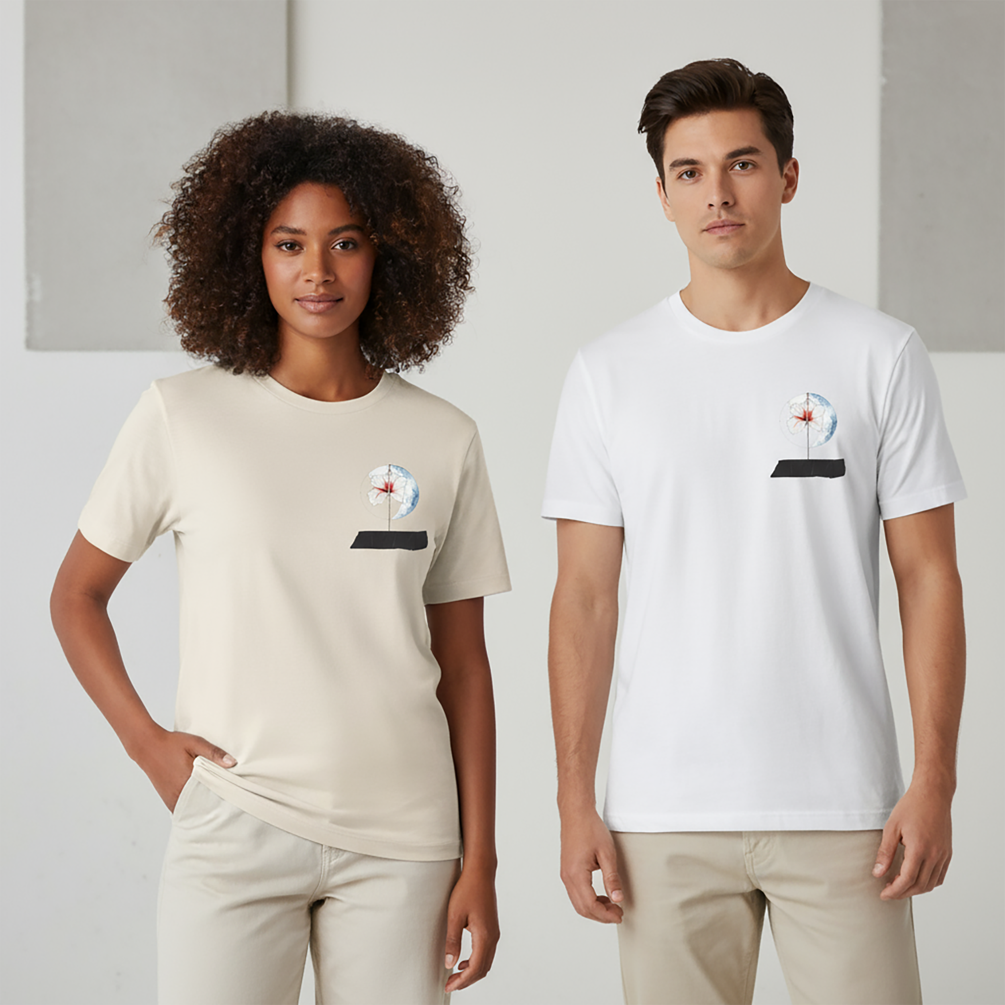 A woman models a cream-colored minimalist cotton tee and a man models a white version, showcasing the Later&Before capsule wardrobe essentials.