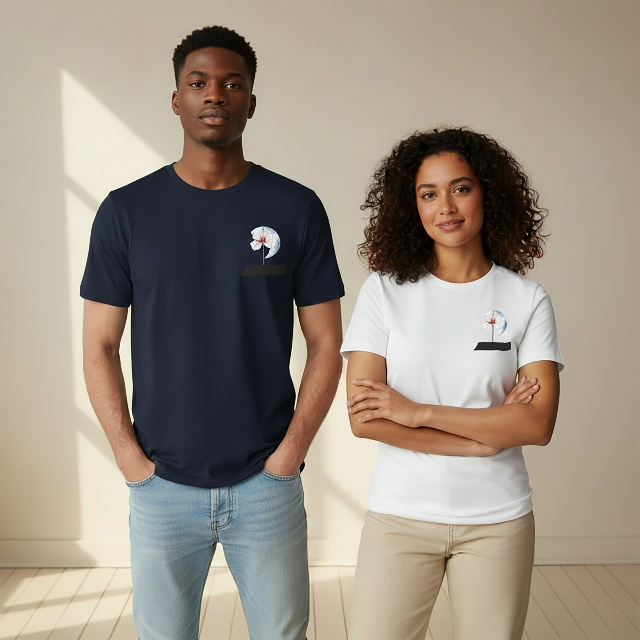 A man in a navy blue Later&Before cotton t-shirt and a woman in a white t-shirt model the minimalist design as everyday wardrobe staples.