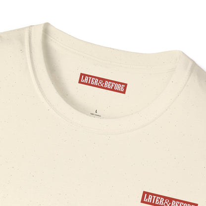Minimalist Later&Before cream cotton t-shirt in 100% ring-spun cotton. Soft, durable, and ethically sourced. Seamless construction for a versatile everyday essential. Brand logo on left chest.