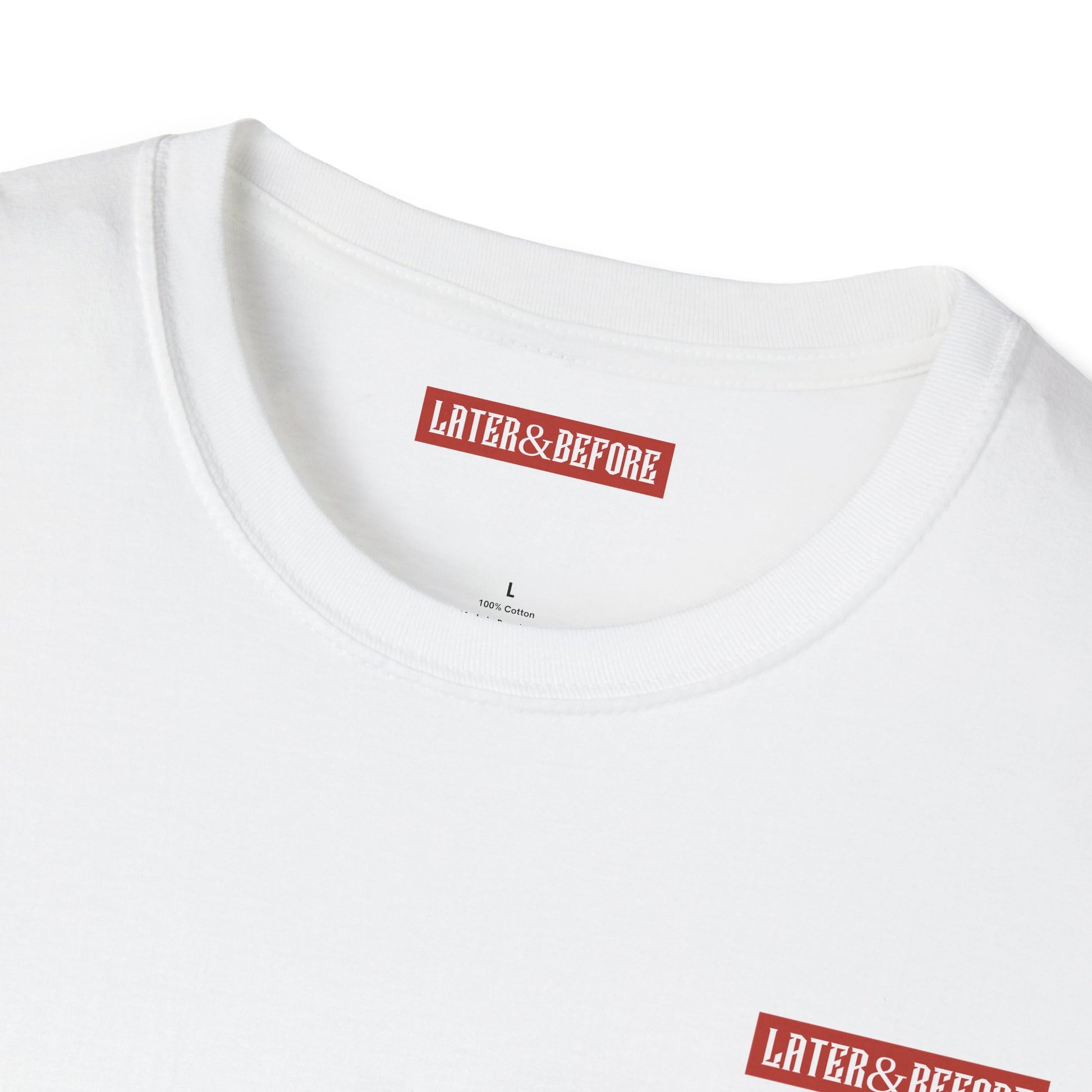 Minimalist Later&Before white cotton t-shirt in 100% ring-spun cotton. Soft, durable, and ethically sourced. Seamless construction for a versatile everyday essential. Brand logo on left chest.