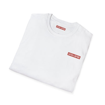 Minimalist Later&Before white cotton t-shirt in 100% ring-spun cotton. Soft, durable, and ethically sourced. Seamless construction for a versatile everyday essential. Brand logo on left chest.
